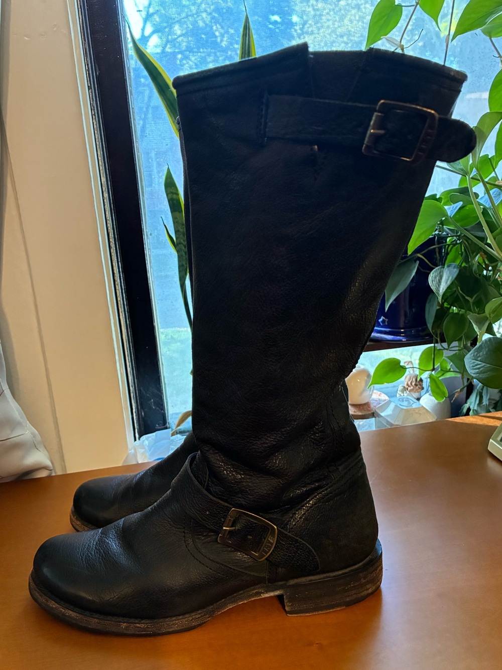 Frye Black Leather Veronica Slouch Mid-Calf Moto Engineer Boots Grunge Vibe